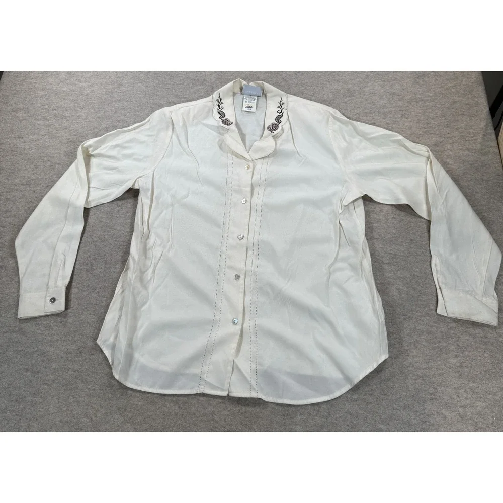 Jantzen Womens 12 Cream Embroidered Paisley Scalloped Collar Blouse Shirt